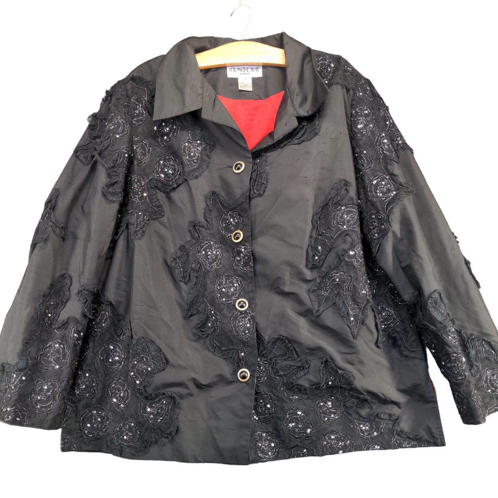 Tunique Women's Button Up Silk Blend Blouse Black Size 1X Floral Accents